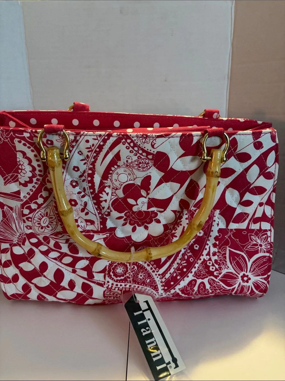 NWT Tianni Red dark pink and White Printed floral cloth bag Bamboo-Style Handles